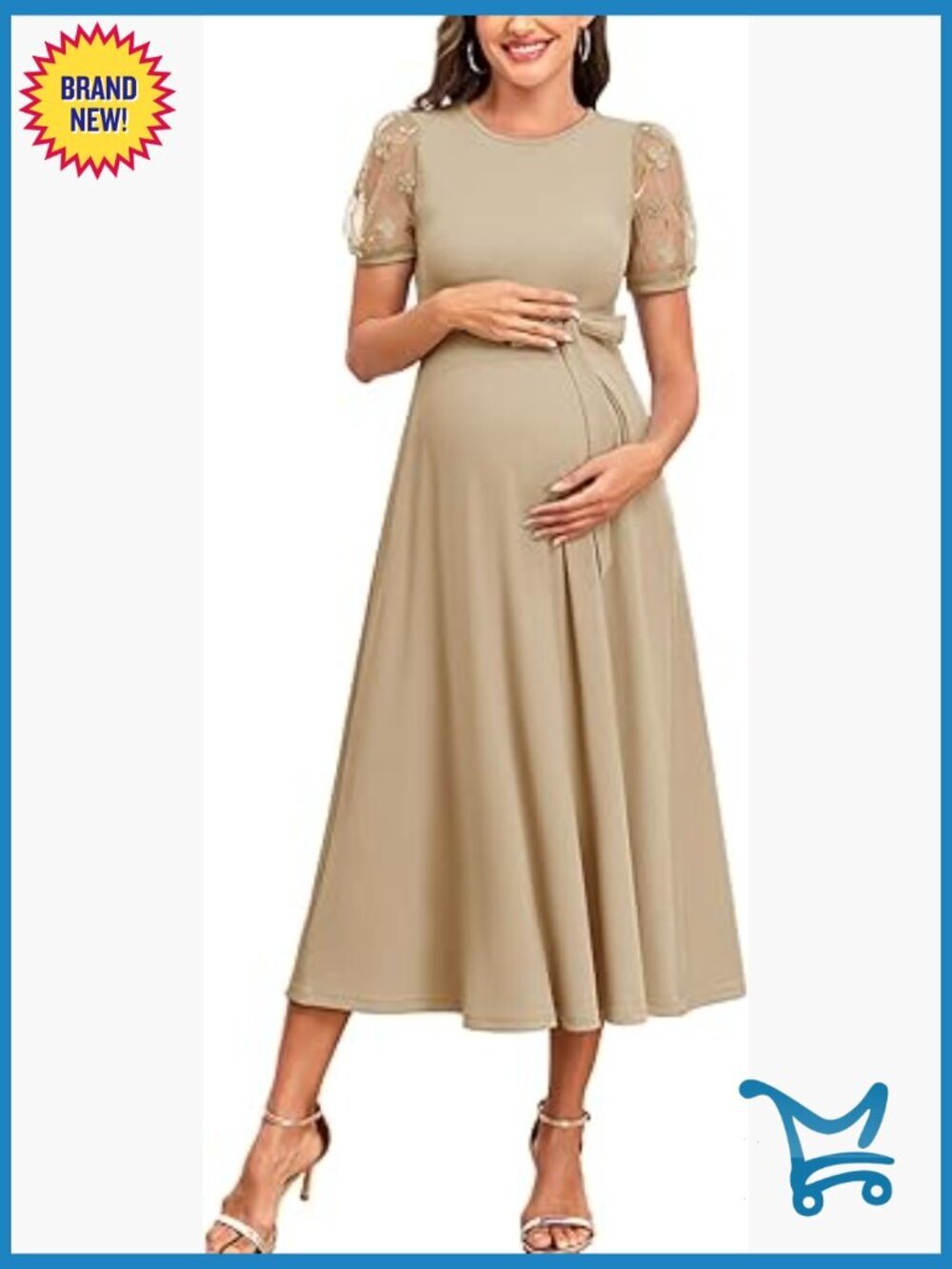Elegant 3D Floral Mesh Sleeve Maternity Dress Midi A-Line Belted Baby Shower